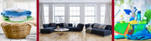 Foto Wäsche, Sofa und Reinigungsmittel